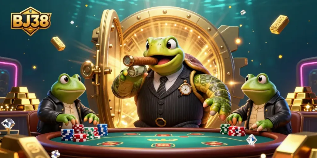 BJ38 showcases a dynamic casino scene with colorful characters and vibrant poker tables immersed in gold.