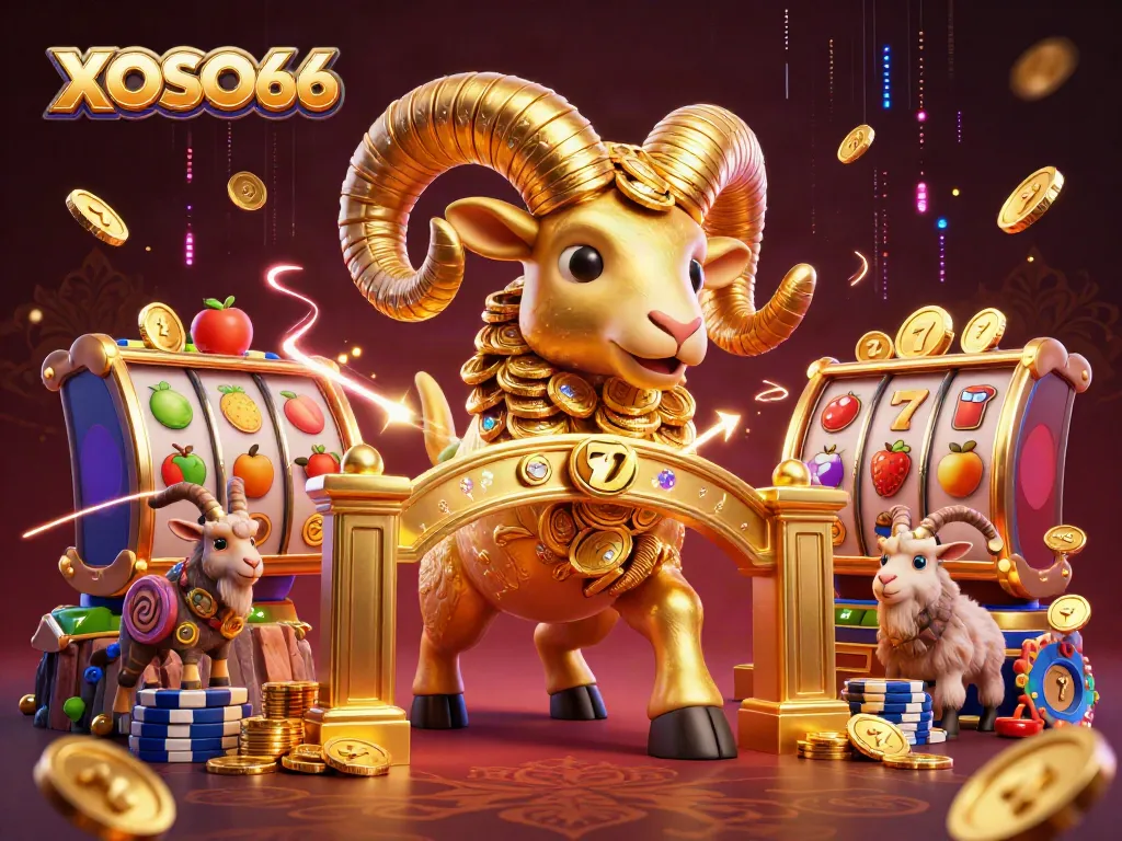 XOSO66 features a golden ram charging through a casino with slot reels and gold coins.