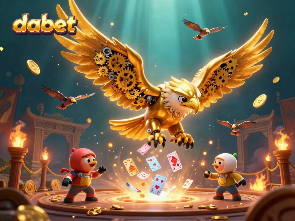 Experience thrilling gameplay with dabet, featuring a dynamic scene of a golden eagle diving amidst playing cards and gold tokens.