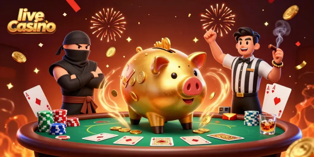 Join the excitement at this vibrant live casino scene with dynamic characters and poker action.