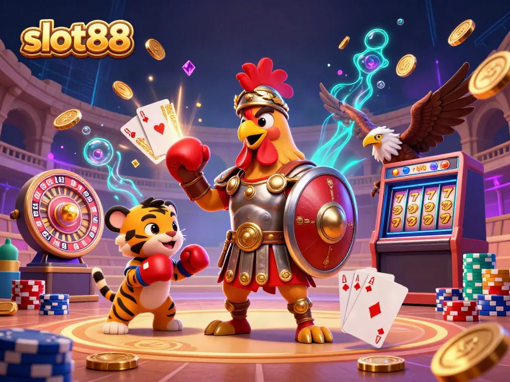 Experience winning moments with slot88 in this bustling 3D casino scene featuring vibrant characters and game elements.