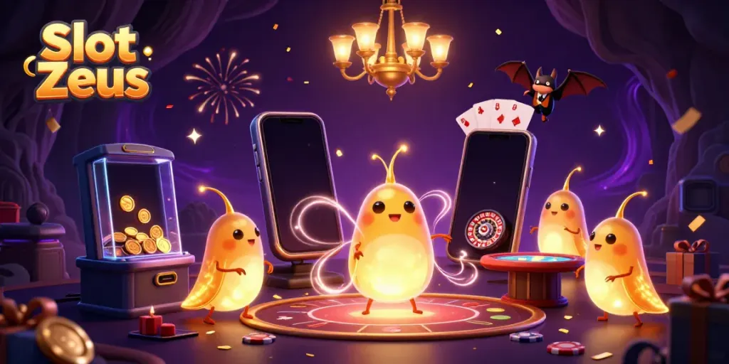 Slot Zeus menghadirkan suasana kasino yang meriah dengan karakter bercahaya sebagai dealer dan permainan slot.