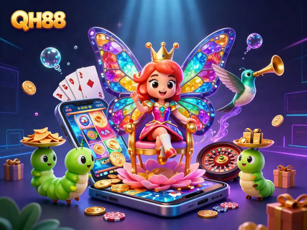QH88 enhances gaming experience with a vibrant 3D illustration of a butterfly queen and casino elements.