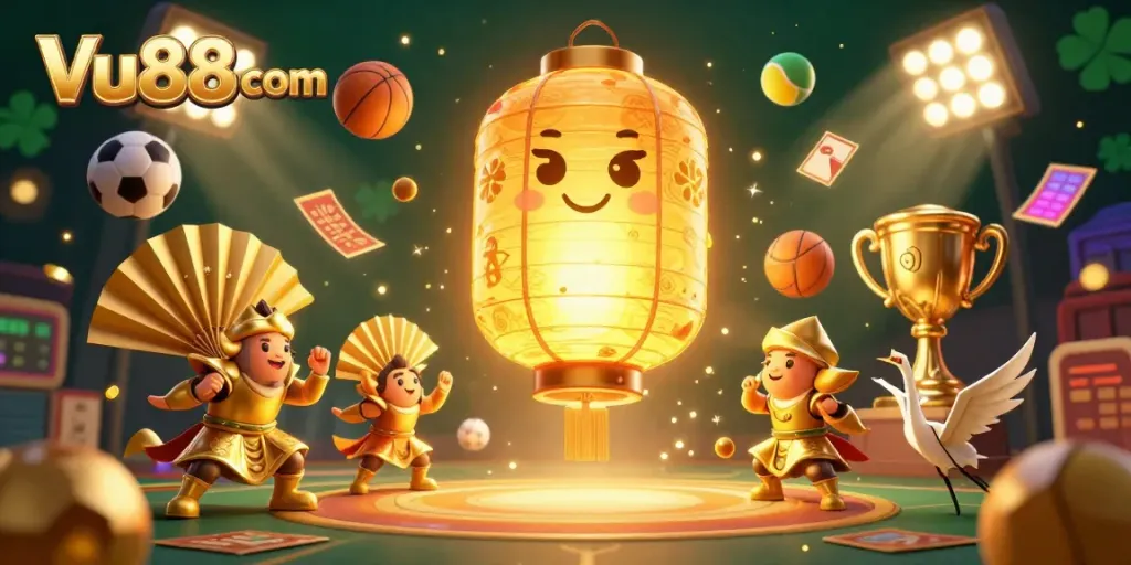 Experience the vibrant excitement of Vu88 com with a 3D carnival scene featuring lucky symbols and dynamic sports elements.