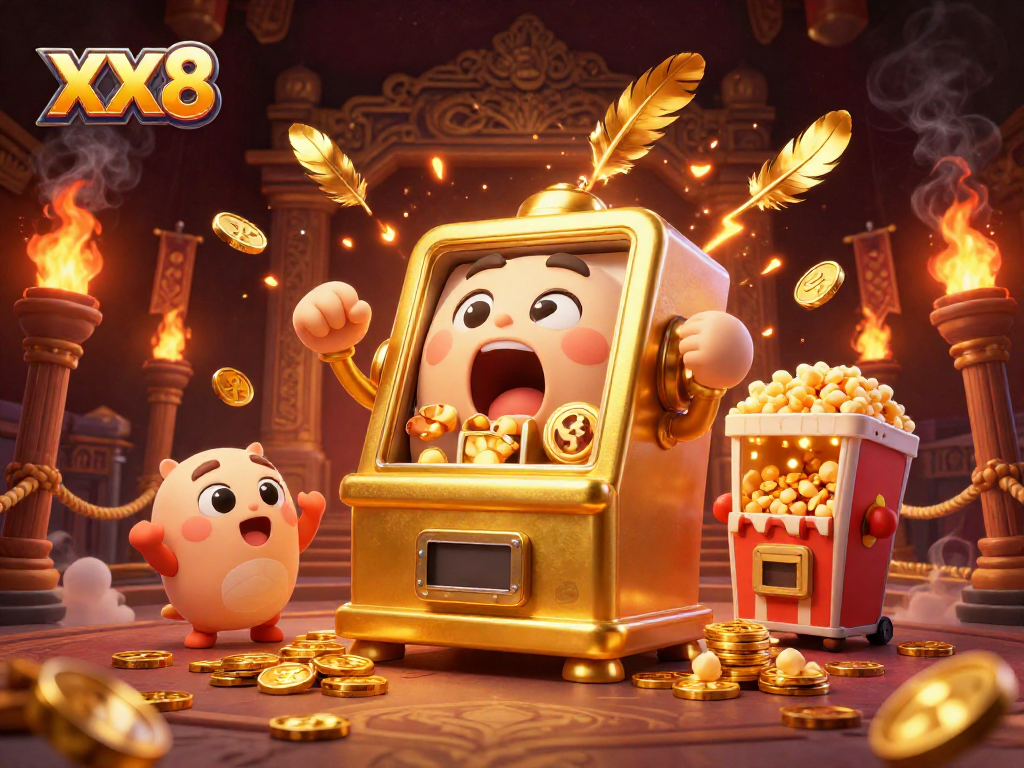 Experience the thrill of XX8, where a golden slot machine wins big as coins pour out amid cheering baby slots.