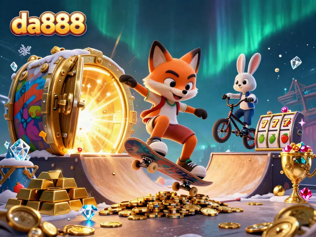 da888 dazzles as a fox and rabbit perform tricks among vibrant casino elements and treasures.