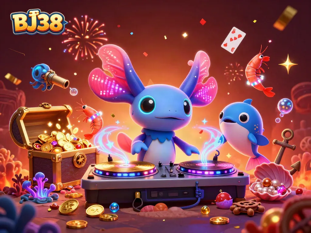 Engage with BJ38's thrilling underwater casino scene featuring a vibrant DJ and animated sea creatures.