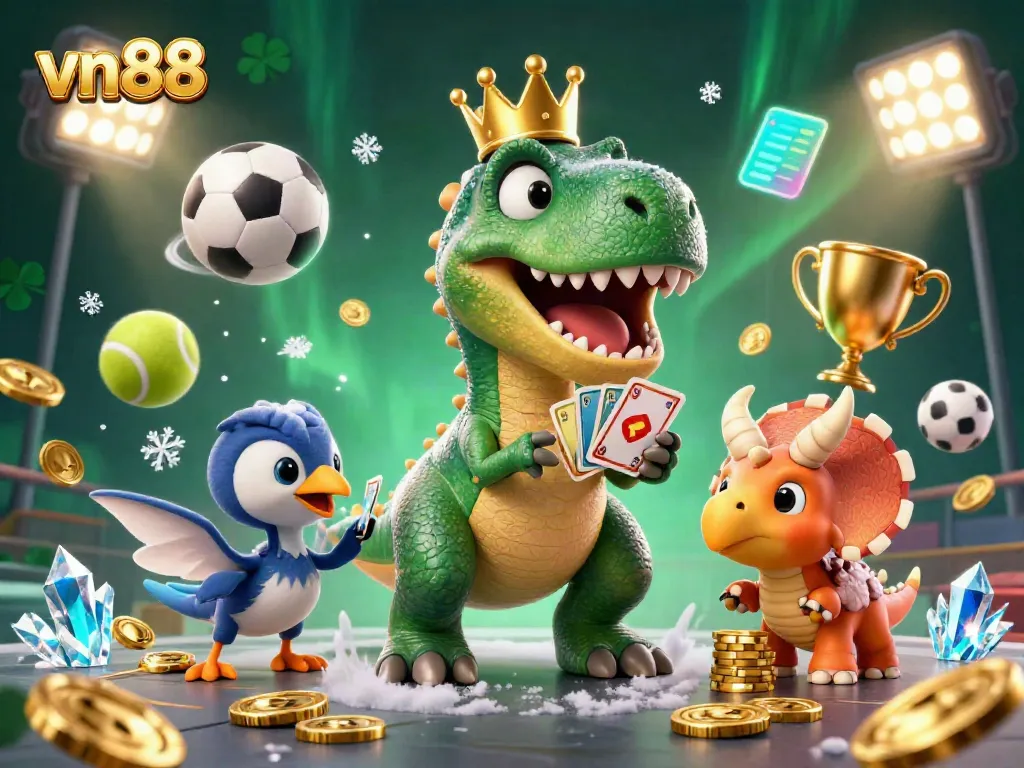 Experience thrilling games at vn88 as a friendly T-Rex shuffles cards with vibrant sports elements.