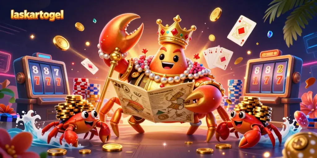 Experience the excitement of laskartogel in this vibrant 3D illustration of a crab emperor and treasures.