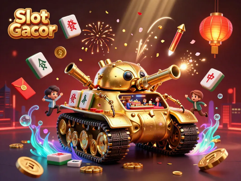 Experience Slot Gacor's vibrant mini casino scene with golden beetle tank, confetti, and festive elements.