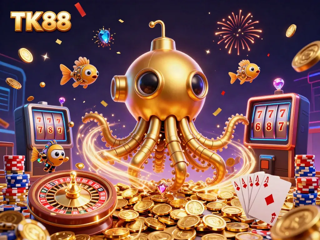 Experience excitement with the TK 88 submarine kraken, surrounded by winning casino elements.