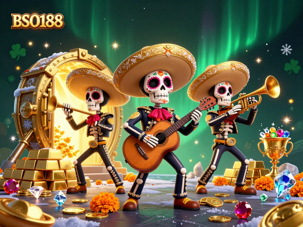 Engage in dynamic gameplay at BSO188 with vibrant mariachi skeletons amidst treasures.