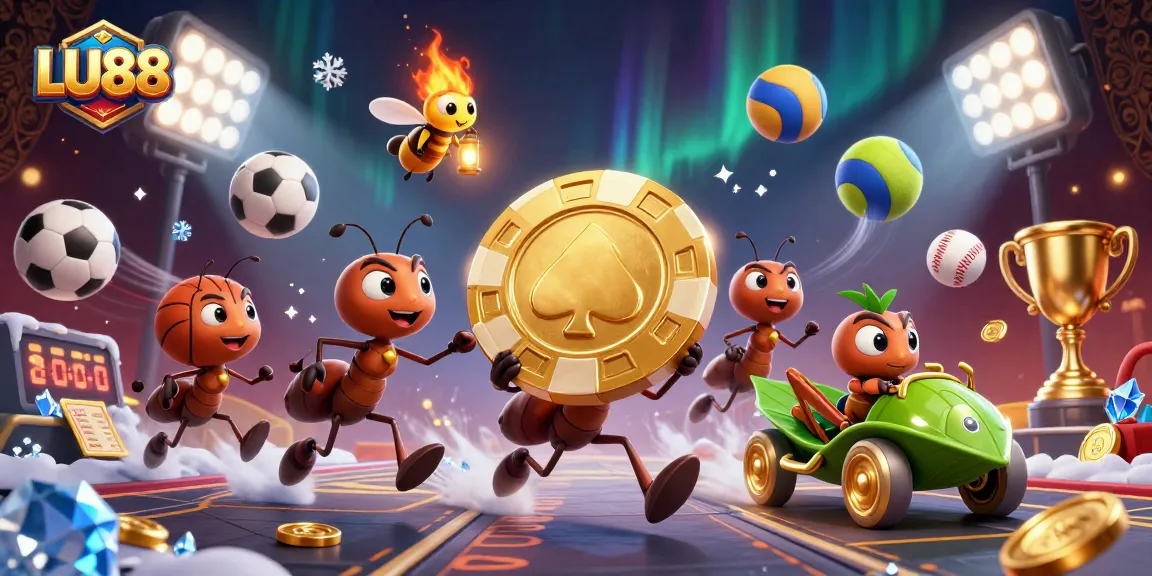 LU88 showcases ants carrying a giant poker chip, surrounded by vibrant gambling elements and dynamic sports motifs.