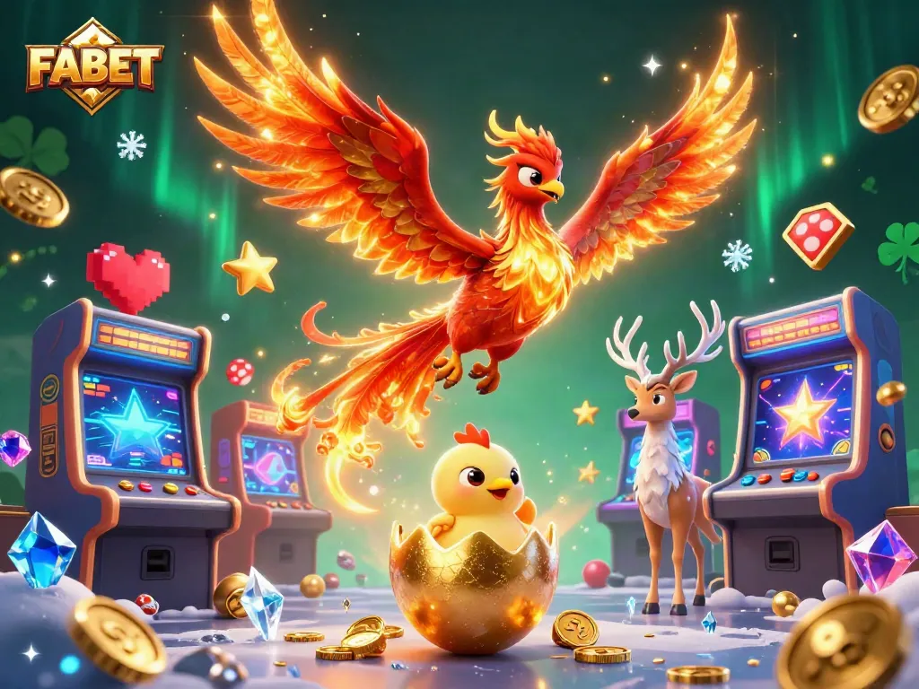 Experience thrilling gameplay with FABET's vibrant phoenix illustration, featuring dynamic casino elements.