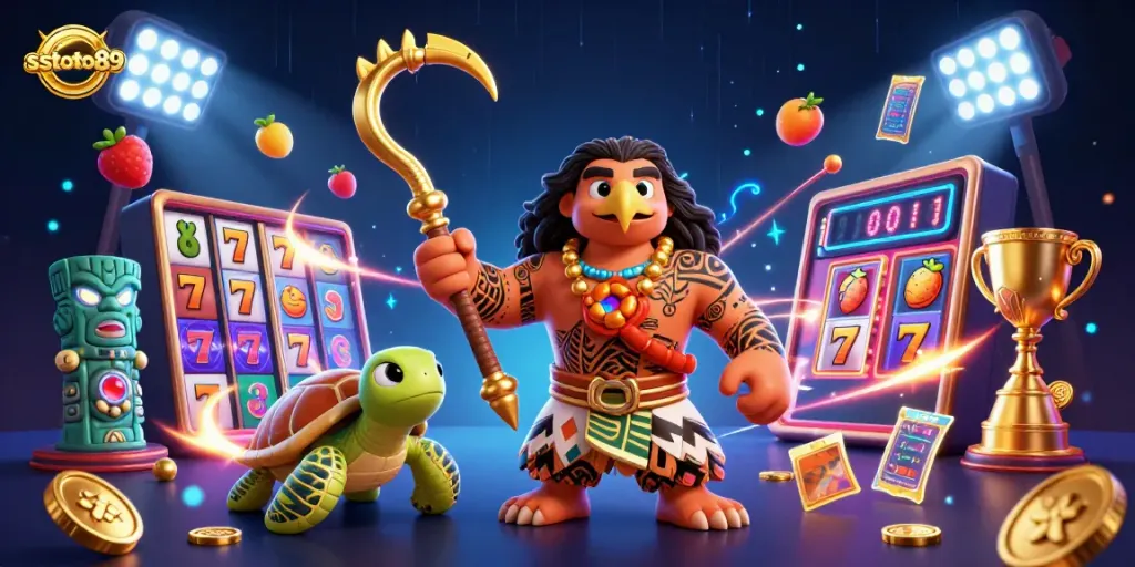 sstoto89 mempersembahkan ilustrasi kasino dengan dewa Maui dan karakter lucu di tengah suasana permainan slot yang menarik.
