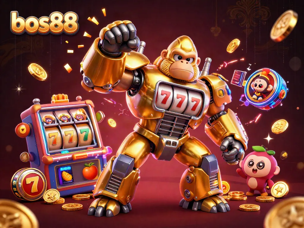 Meja slot dan jackpot yang menarik di bos88 dengan karakter bergambar gorila 3D dan simbol keberuntungan.
