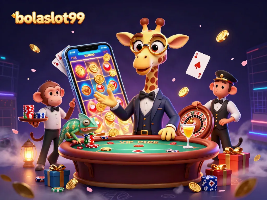 Join the fun at bolaslot99 and win big with vibrant gaming scenes featuring unique casino characters.