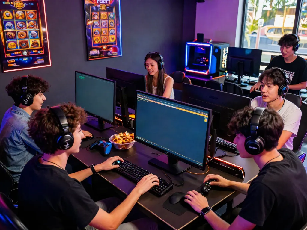 Friends enjoying a slot thailand game on a vibrant gaming setup.