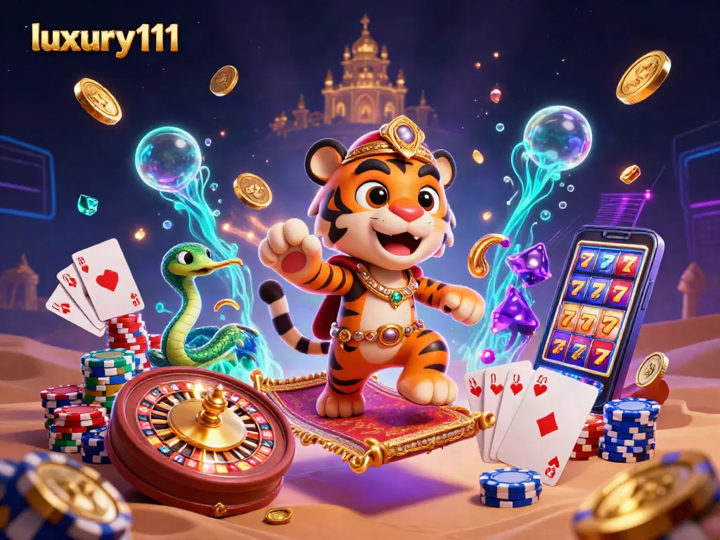 Spin for excitement with luxury111's vibrant slot reels in a captivating 3D casino scene.