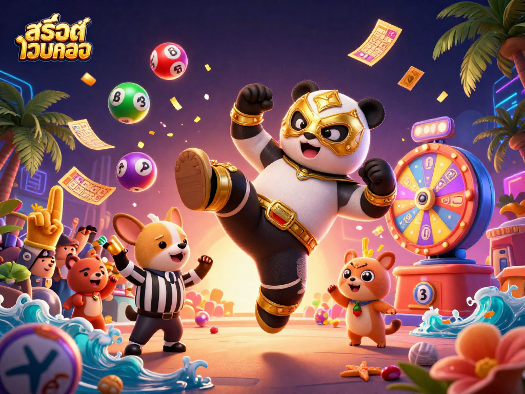Experience สล็อตเว็บตรง excitement with a dynamic 3D scene featuring lively characters and interactive game elements.