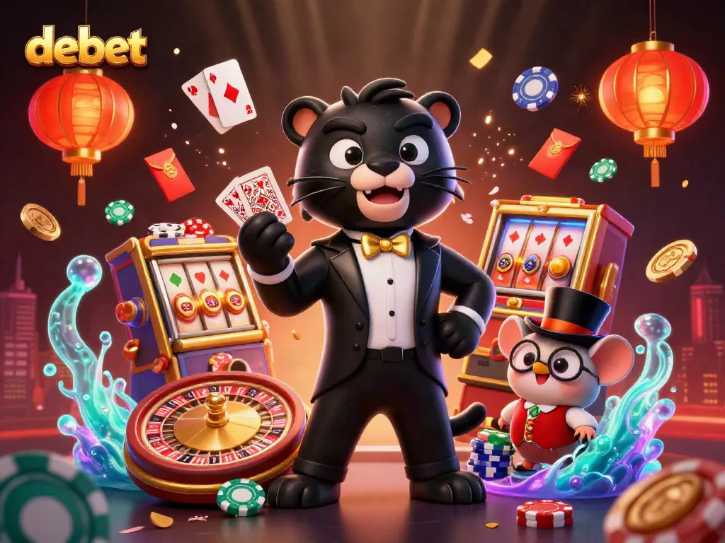 Experience debet's casino excitement with a cartoon panther dealing cards, surrounded by vibrant game elements.