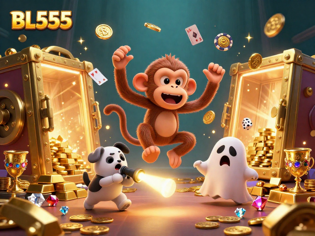 Join the fun at BL555 with a playful poltergeist monkey and ghost-hunter puppy in an exciting casino setting.