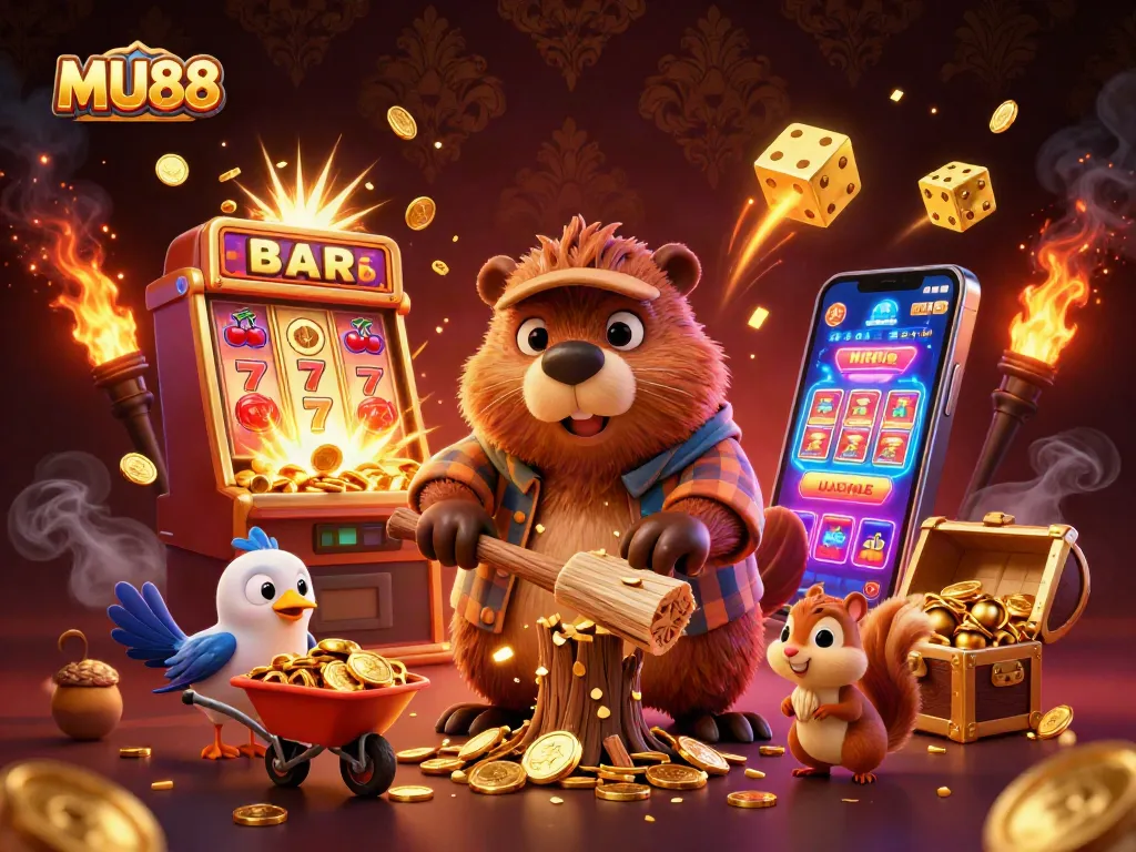Spin the reels like a winner with MU88 in this vibrant casino scene full of gold coins.