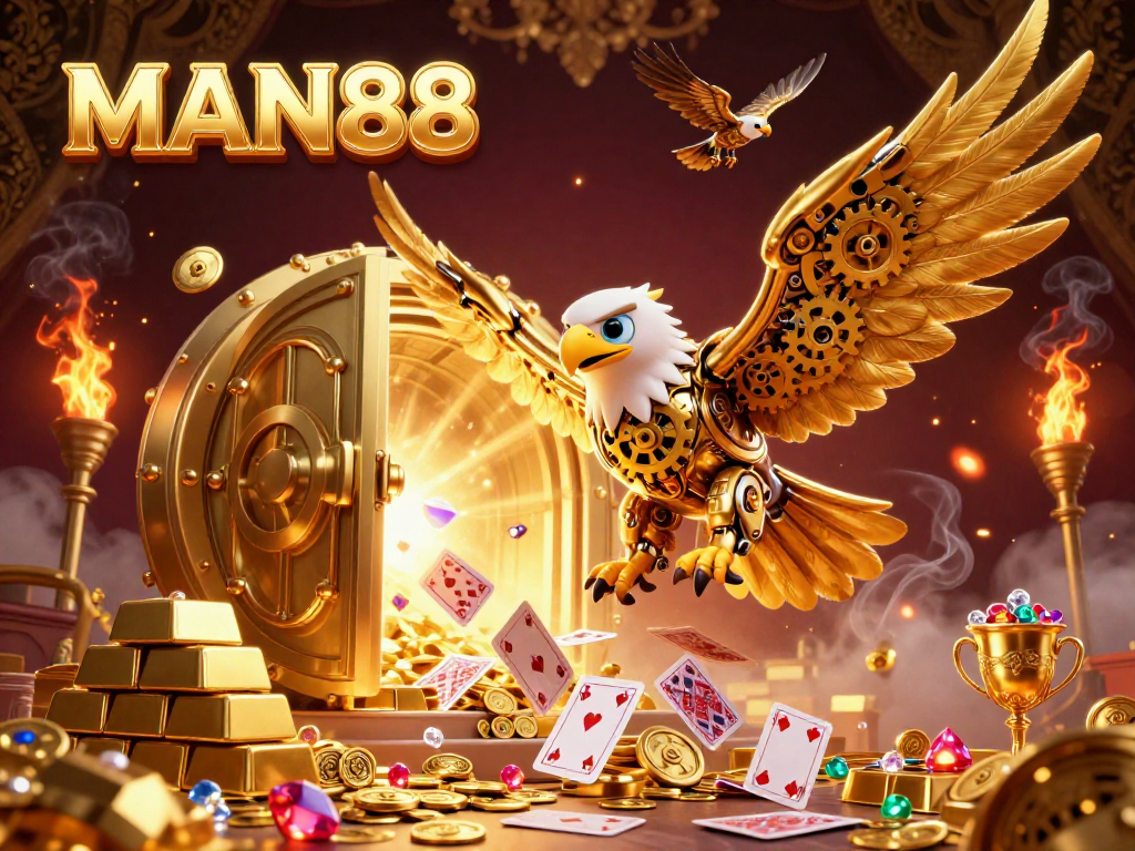 Experience the thrill of MAN88 with a cybernetic eagle soaring through golden treasures and vibrant casino elements.