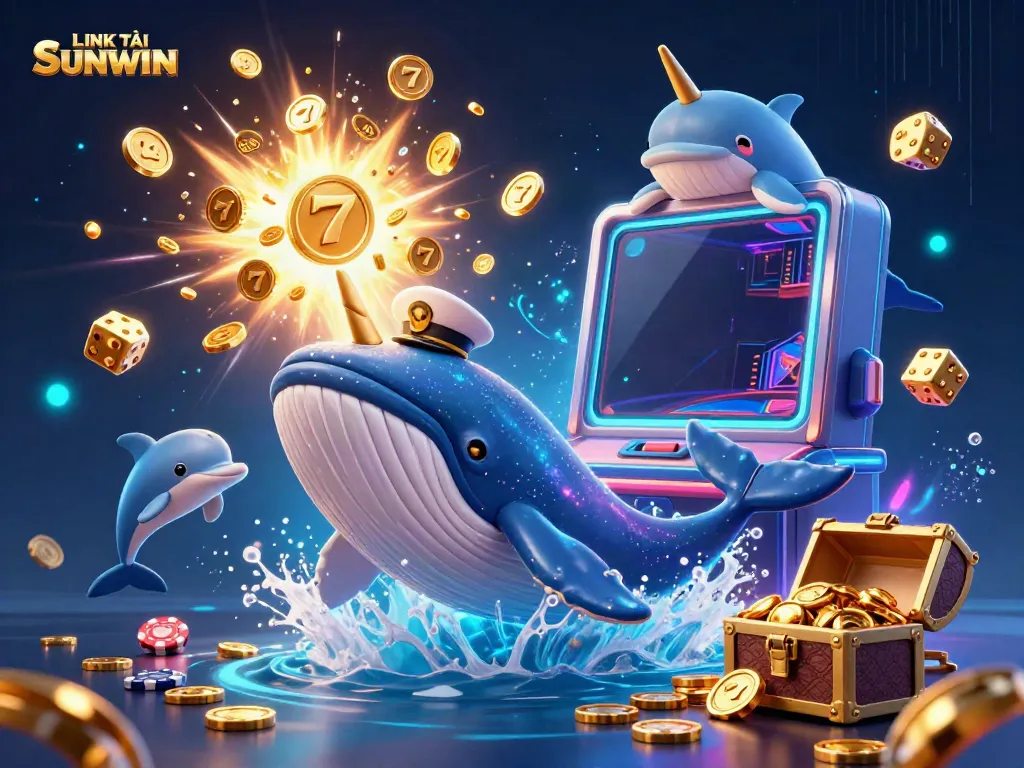 Join the excitement and win big with LINK TẢI SUNWIN, featuring a playful whale and dolphins in a vibrant casino scene.
