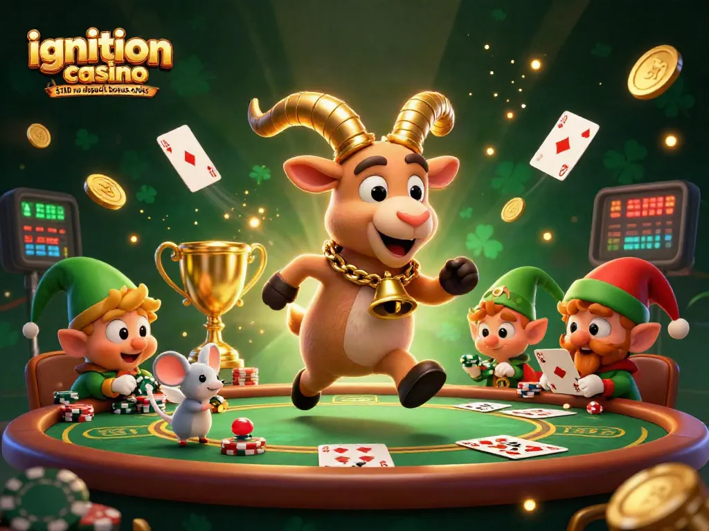 Play with ignition casino $100 no deposit bonus codes amidst a lively poker casino scene featuring playful characters and vibrant elements.