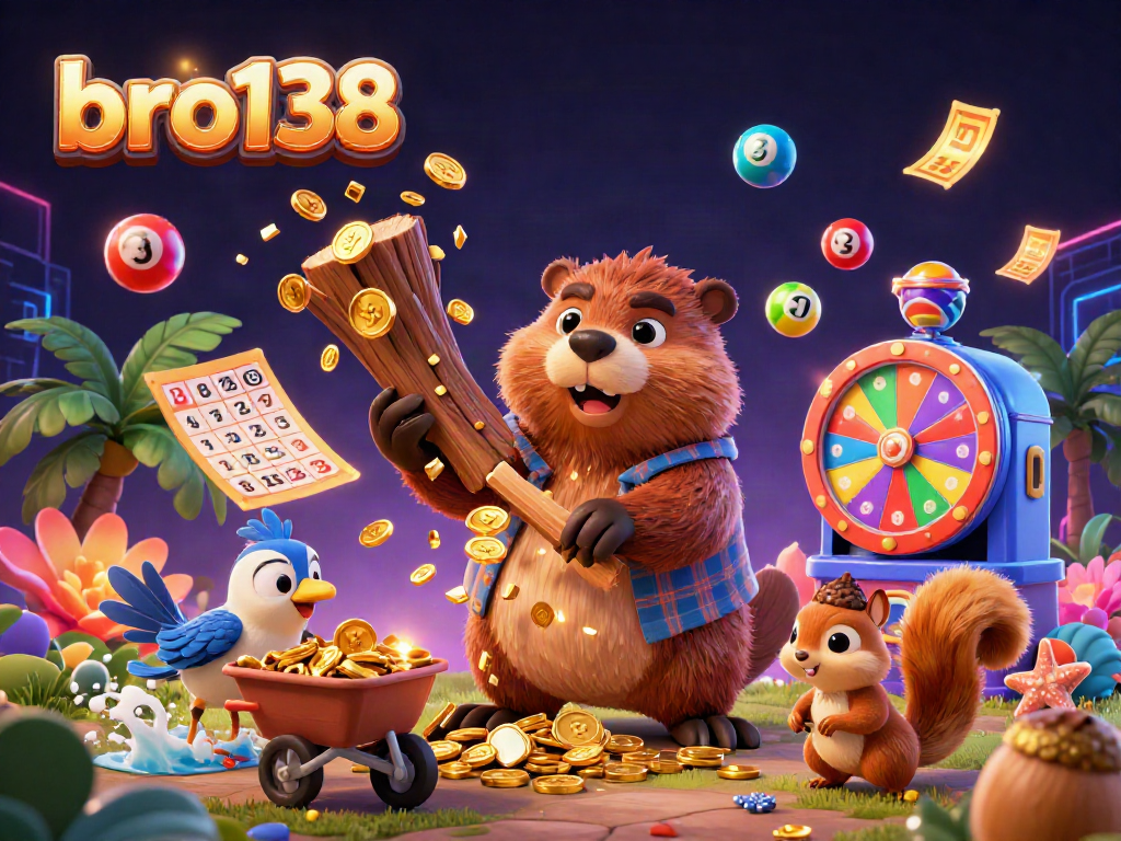 Experience dynamic gameplay with bro138 as the lumberjack beaver collects golden coins amid vibrant lottery elements.