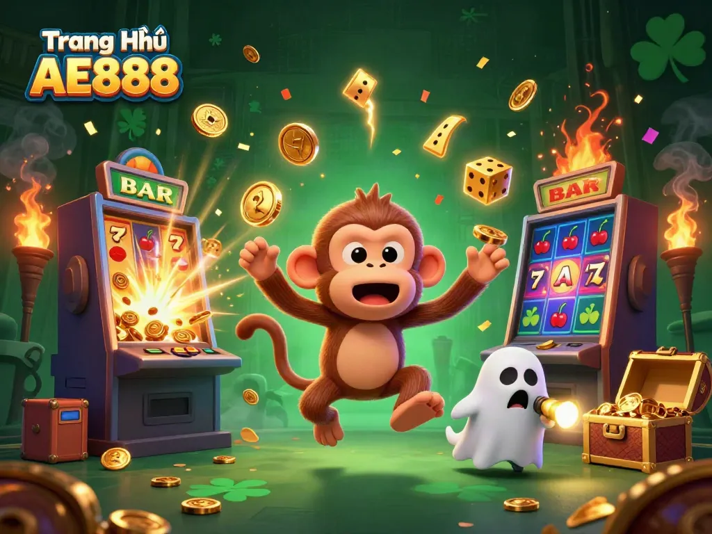 Engage with Trang Chủ AE888 as golden coins, cards, and dice whirl through a vibrant casino scene.