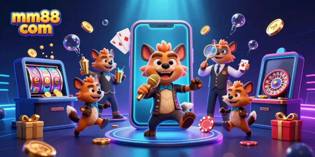 Experience the thrilling atmosphere at mm88 com with animated hyena characters in a vibrant casino setting.