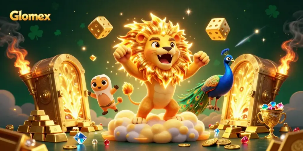 Engage with Glomex's captivating gambling scene featuring a roaring lion, golden dice, and treasure