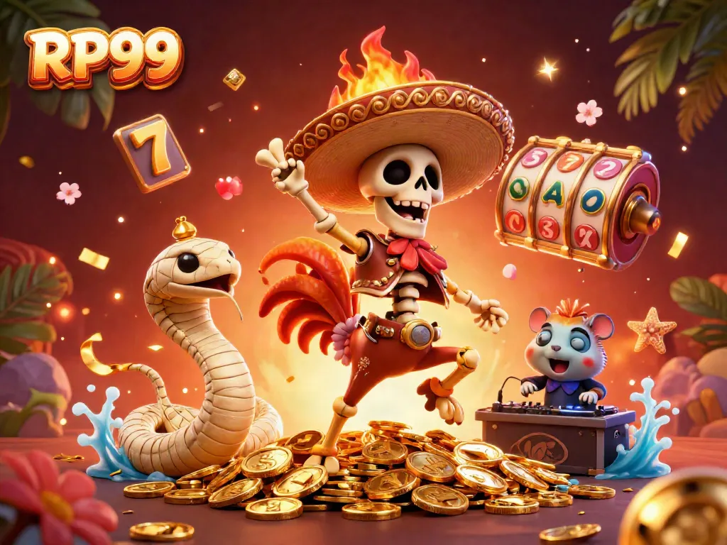 Engage with the excitement of RP99's vibrant casino scene featuring animated characters celebrating around slot reels.