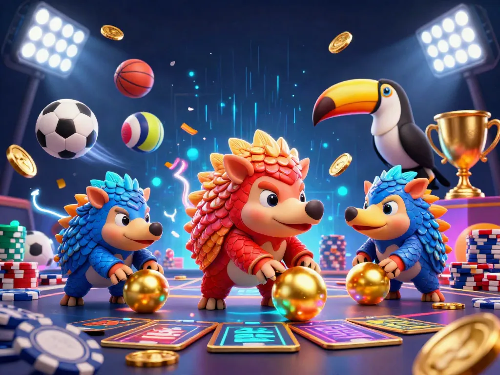 Engage with XOSO66's vibrant gaming scene featuring competitive pangolins amid poker chips and sporting elements.