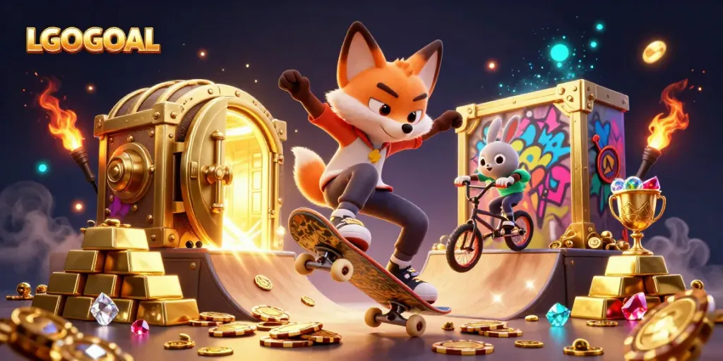 Engaging scene featuring LGOGOAL characters showcasing dynamic casino gaming elements with vibrant gold and jewels.