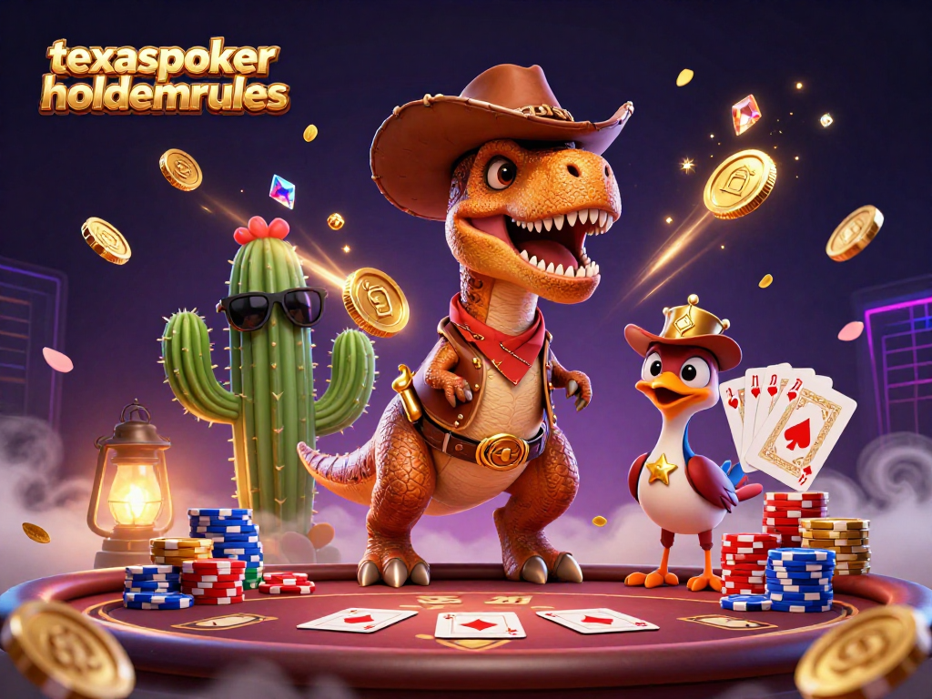 Engage in TexasPokerHoldemRules with a dynamic 3D poker showdown featuring characters, chips, and cards.