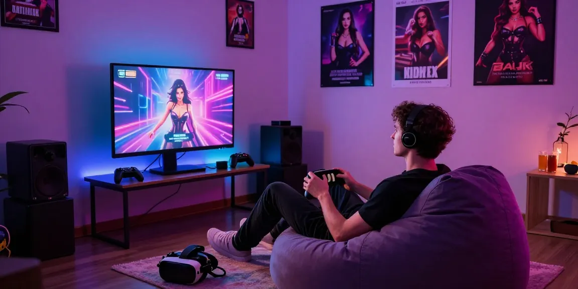 Engaging scene of a player enjoying immersive sexgames in a cozy gaming room with colorful LED lights.